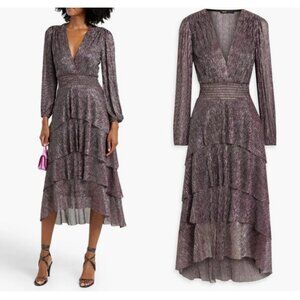 Maje Ruffinitya Shimmer Dress Smocked Tiered Designer Metallic Purple Silver